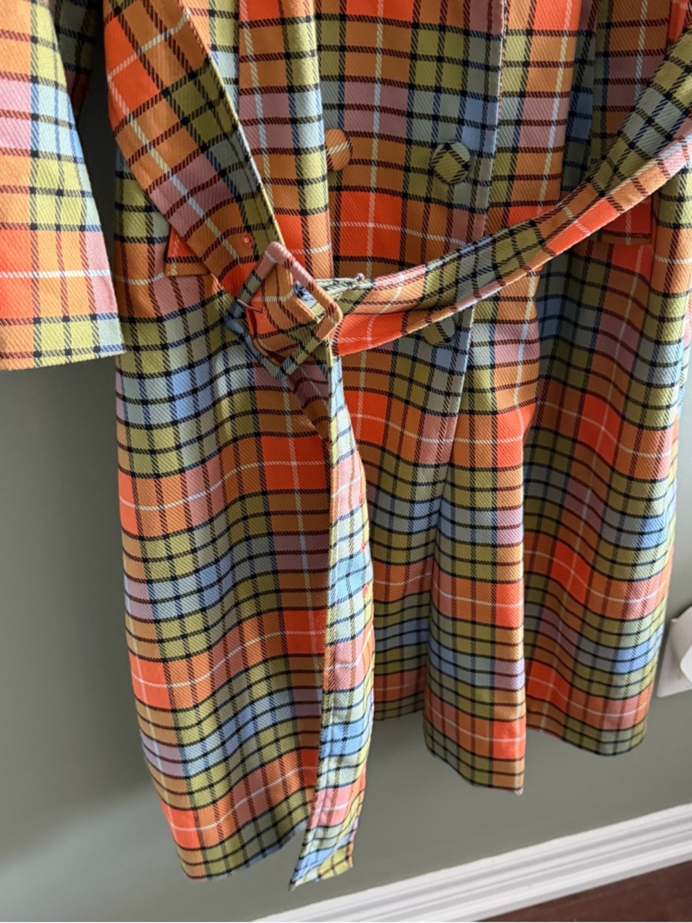 Hilary MacMillan Plaid Belted Trench Coat in Orange & Blue - Picture 10 of 16